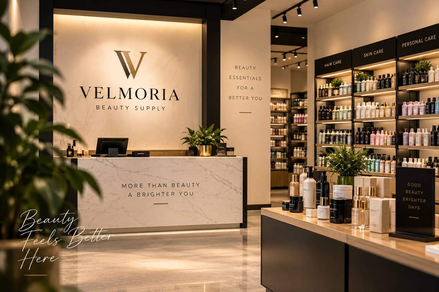 Modern Velmoria Beauty Supply store interior with beauty and personal care displays