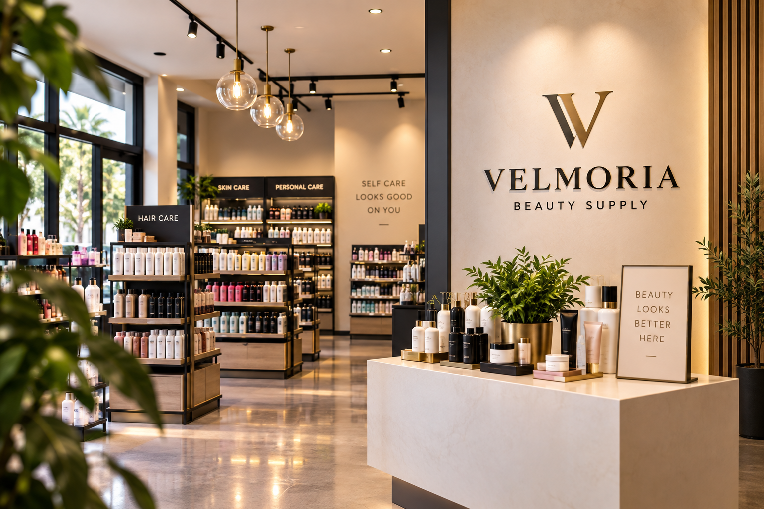 Modern Velmoria Beauty Supply store interior with beauty and personal care displays